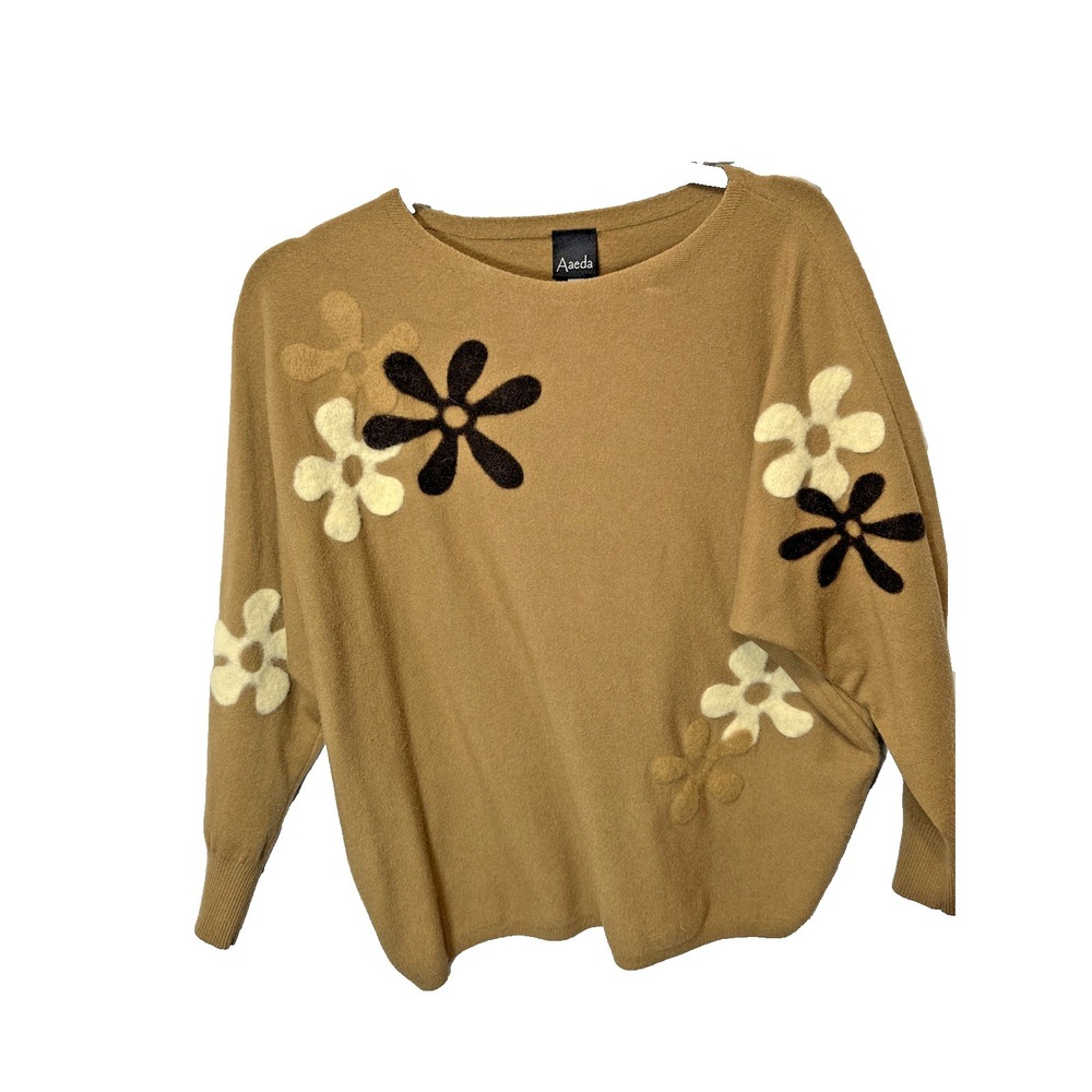 Aaeda Women's Brown Rayon Sweater L Floral Appliqué Boho Chic Soft Natural Tones